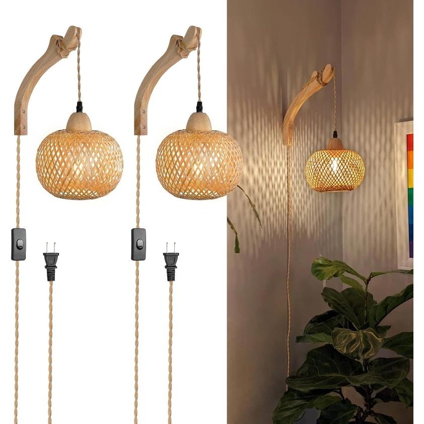 Bamboo Lantern Plug In Wall Sconces Wicker Woven Rattan Wall Light Farmhouse Rustic Wall Sconces for Living Room Bedroom