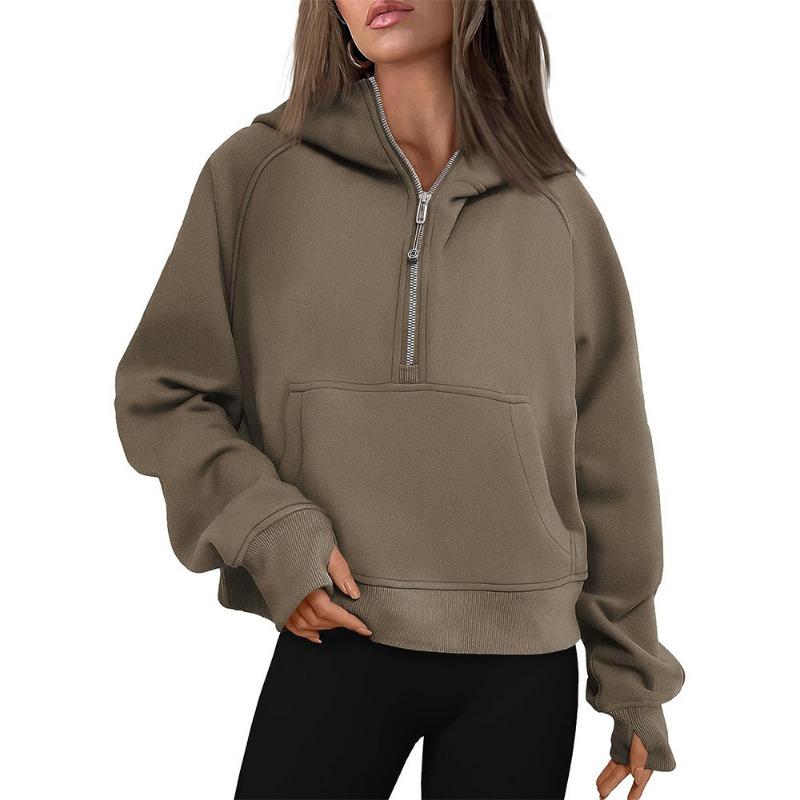 Autumn and Winter Zipper Casual Loose Hoodies Women Tops Fashion Solid Long Sleeve Crop Sweatshirts Women Pocket Simple Office Ladies Hooded 25179