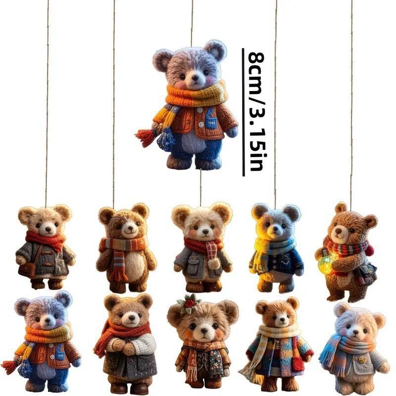 New Christmas Wooden Scarf Bear 2d Flat Pendant Christmas Decorations Holiday Pendant 10-piece set