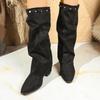 Pointed Toe Plus-size Pleated Sleeve Mid-heel Trouser Boots 2025 Winter New British-style High Boots for Women
