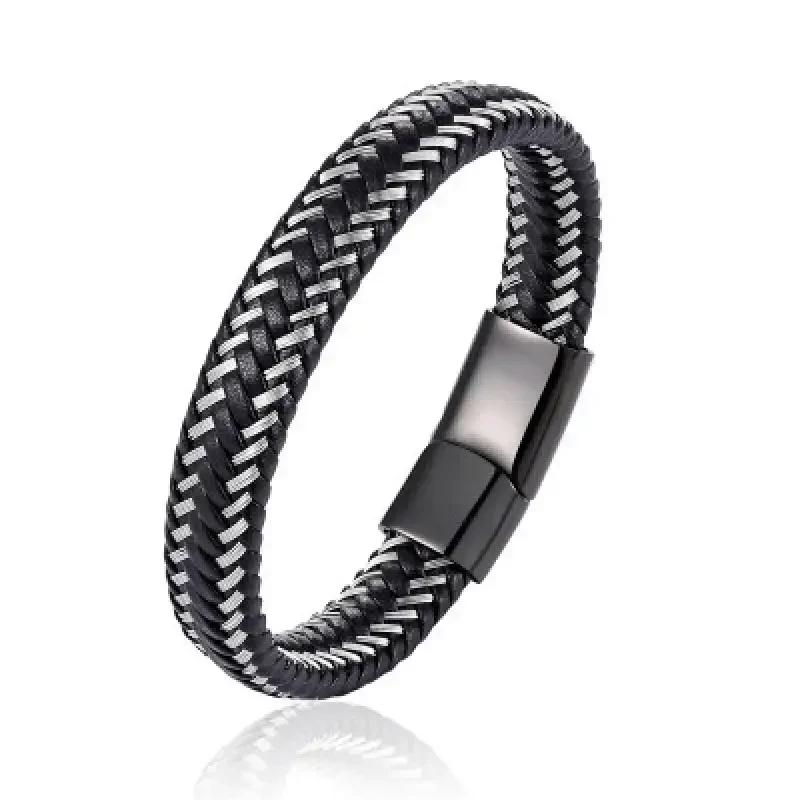 Vintage Handwoven Black Leather Bracelet with High Quality Metal Buckle Suitable for Men\'s Personalized Charm Wristband Jewelry