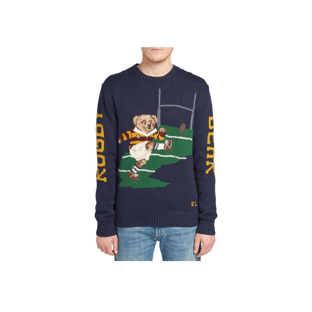 Pulover tricotat Polo Ralph Lauren Bear Rugby Letter brodat cu gât rotund și mâneci lungi pentru bărbați, albastru marin 710749271-001