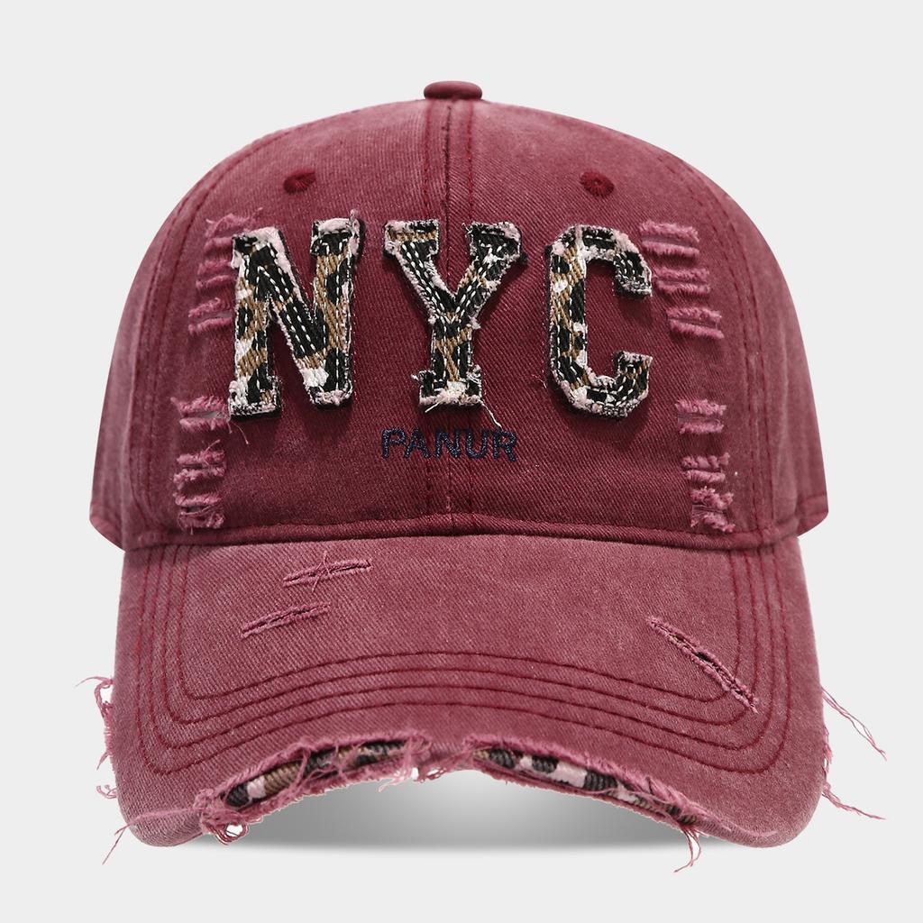 American personality trend leopard print English letters NYC ripped baseball cap men's and women's street fashion retro cap