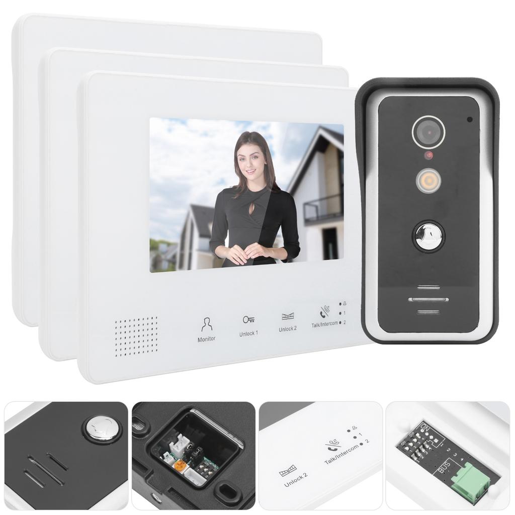 2?Wire System Video Doorbell Kit 7in TFT LCD 3 Monitors Clear Night Vision Home Intercom 100?240V