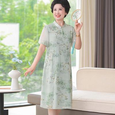 New Chinese Style Elegant Summer Short-Sleeve Dress for Middle-Aged Women