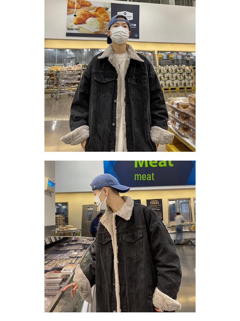 Men's Winter Denim Cotton Jacket with Velvet, American Style, High Street Look, Thick and Loose Fit