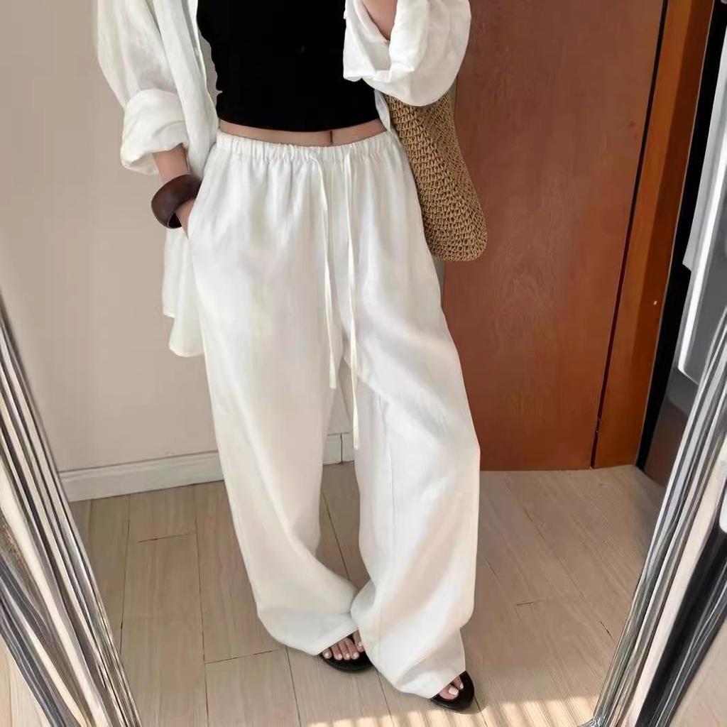 Slack Linen Wide-leg Pants Summer Loose Versatile Drawstring Straight White Casual Trousers Korean Fashion
