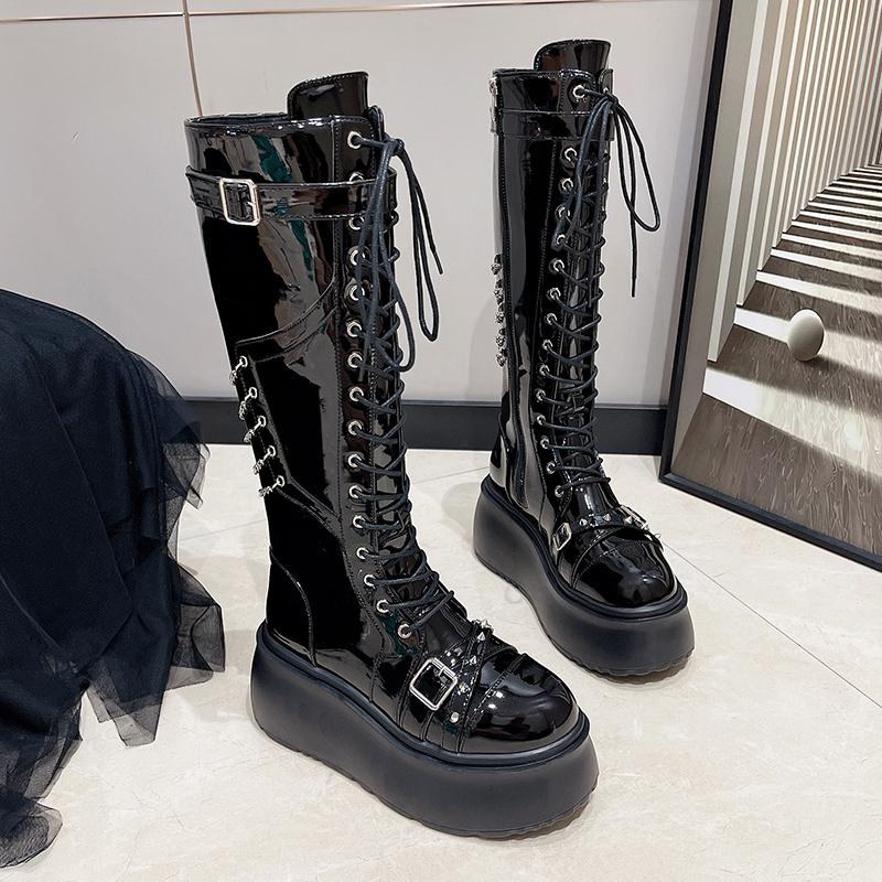 Fashion Heavy Metal Platform Women Boots New Dark Punk Heightened Chain Rivet Lace-up High Boots Female Zip Rock Biker Boots