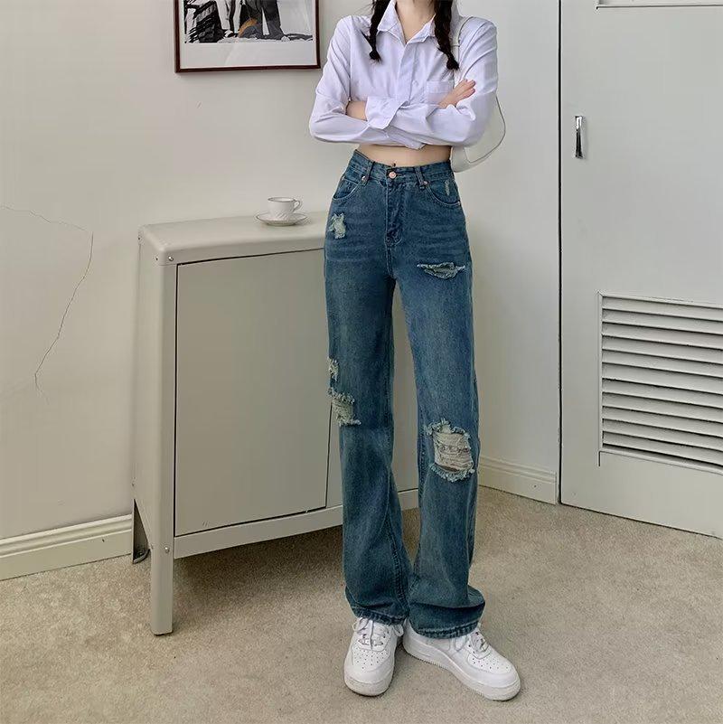 Women's High-Waist Ripped Straight-Leg Jeans - Large Size, Loose, Wide-Leg, Autumn 2022 Collection