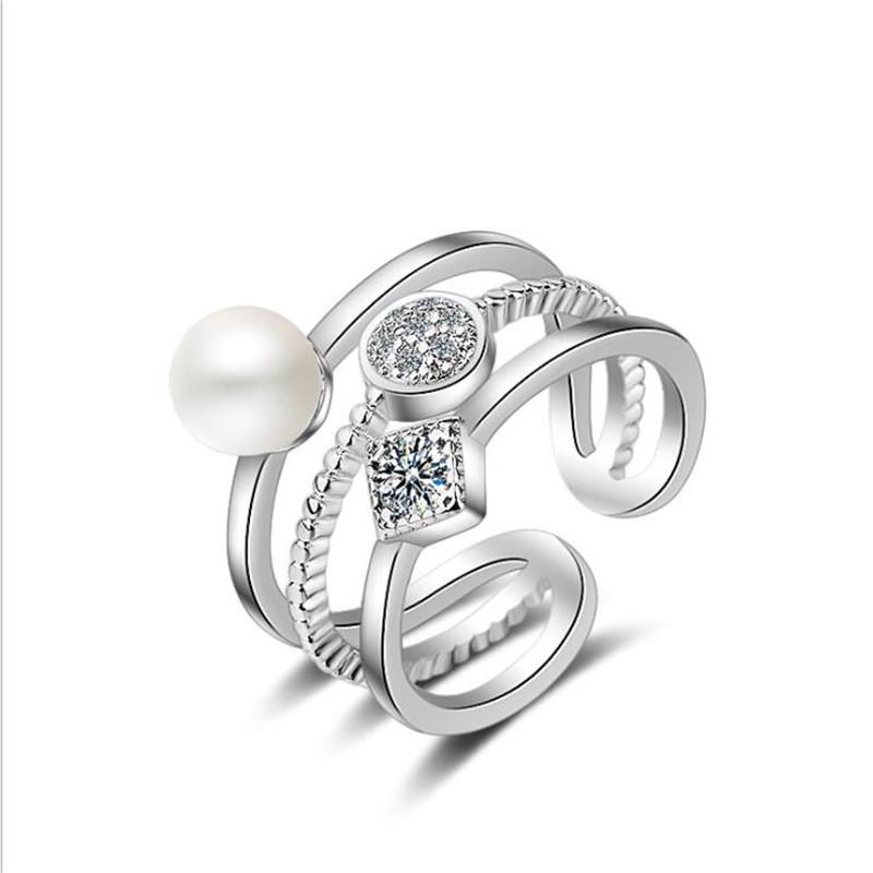

925 Sterling Silver Rings For Women Trendy Multi-layer Pearl Mosaic Cz Zirconia Resizable Rings resizable срібний