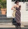 Elegante Abito Canotta Bodycon a Quadri Francesi Retrò da Donna - Stile Lungo Autunnale che Segna la Vita