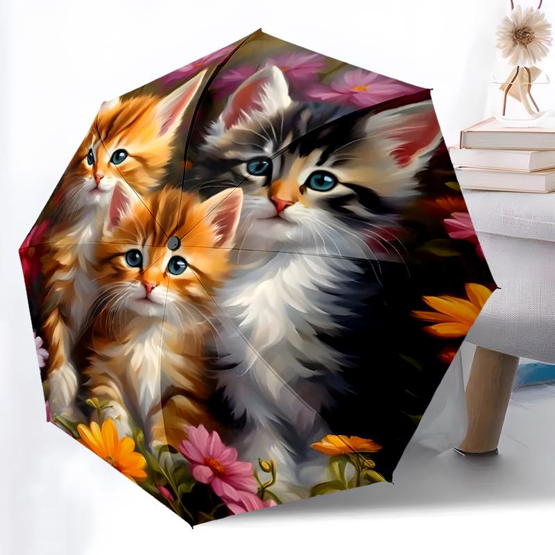 1 Stück stabiler 8-Rippen Automatik-Regenschirm, Niedlicher Katzen-Regenschirm, Digitaldruck, Faltbarer Regenschirm für unterwegs im Freien