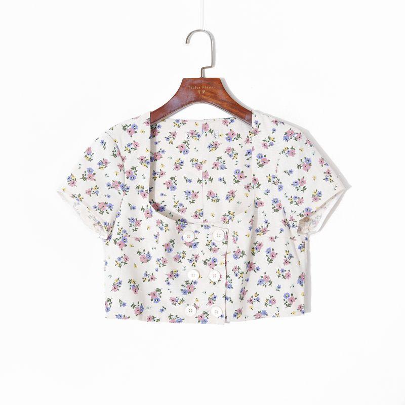 

2025 Лето Женская одежда Корейский стиль Свежий Цветочный Сексуальный Низкий Квадратный Вырез Двубортный Приталенный Стройнящий Короткий Омолаживающий Рубашки Print L