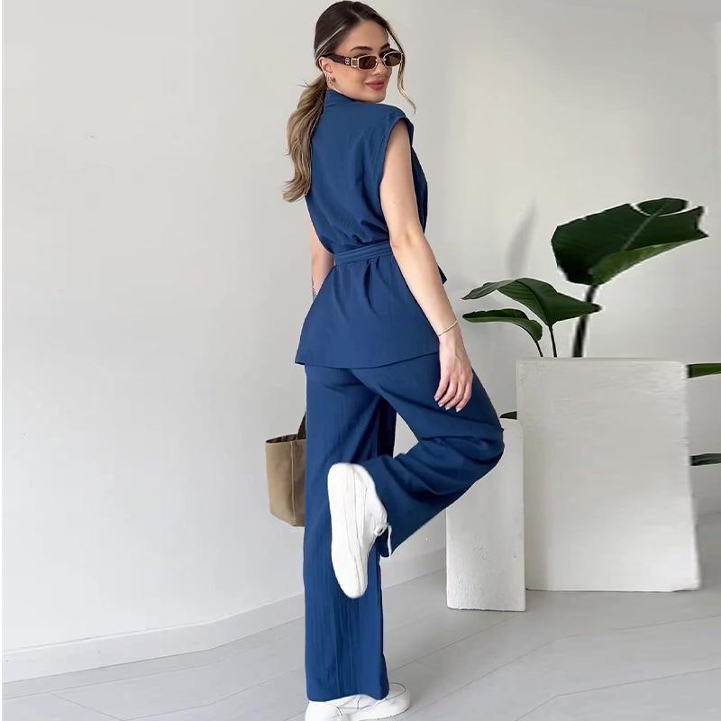 2024 Summer Women's Solid Color Lapel Waist-Tie Top & Commuting Long Pants Set