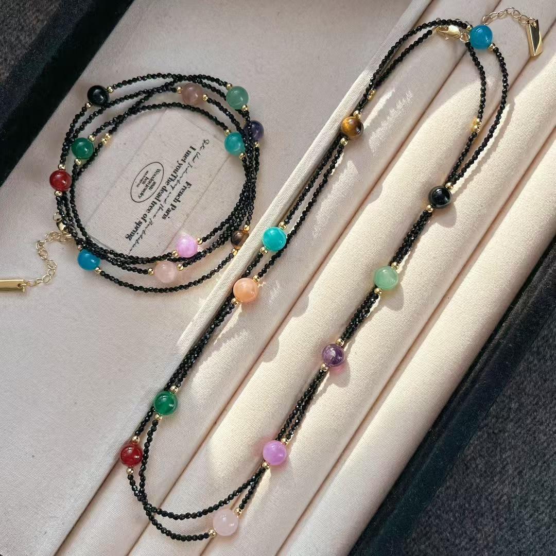 

Happy Planet Vintage Artificial Black Tip Crystal Natural Crystal Duobao Design Sweater Chain Necklace Clavicle
