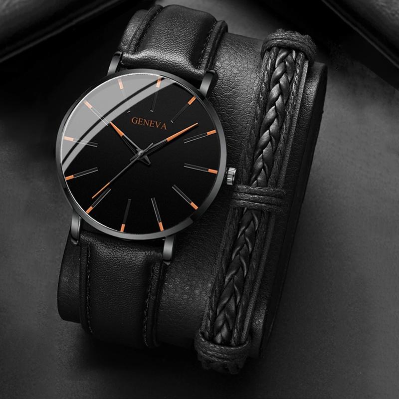 

2 шт./комплект, мужские модные ультратонкие часы, простые мужские деловые кварцевые часы с ремешком из искусственной кожи и браслетом