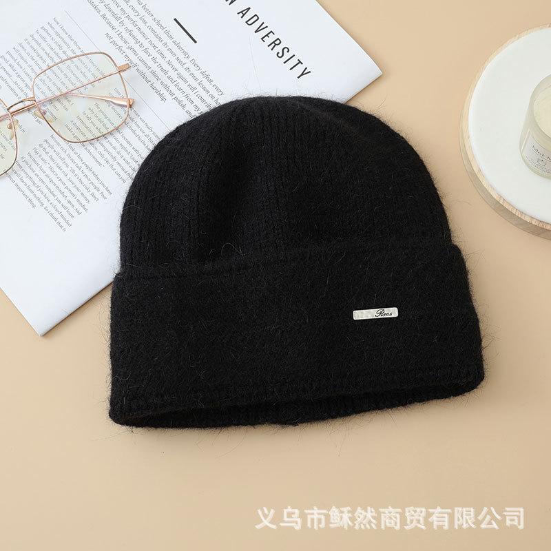 New blended knitted pullover hat children's autumn and winter warm iron standard headgear metal letter label wool hat