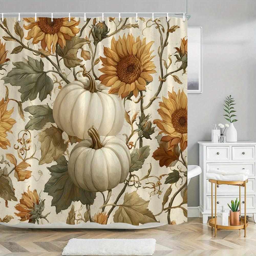 1Pc Extra Large Autumn Shower Curtain - Elegant Floral Bathroom Decor With Sunflowers, Pumpkins, Beige/Orange/White/ Green