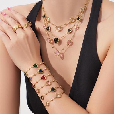 European INS 18K Gold Plated Jewelry Set: Multi-color Glass Stone Necklace & Stainless Steel Bracelet