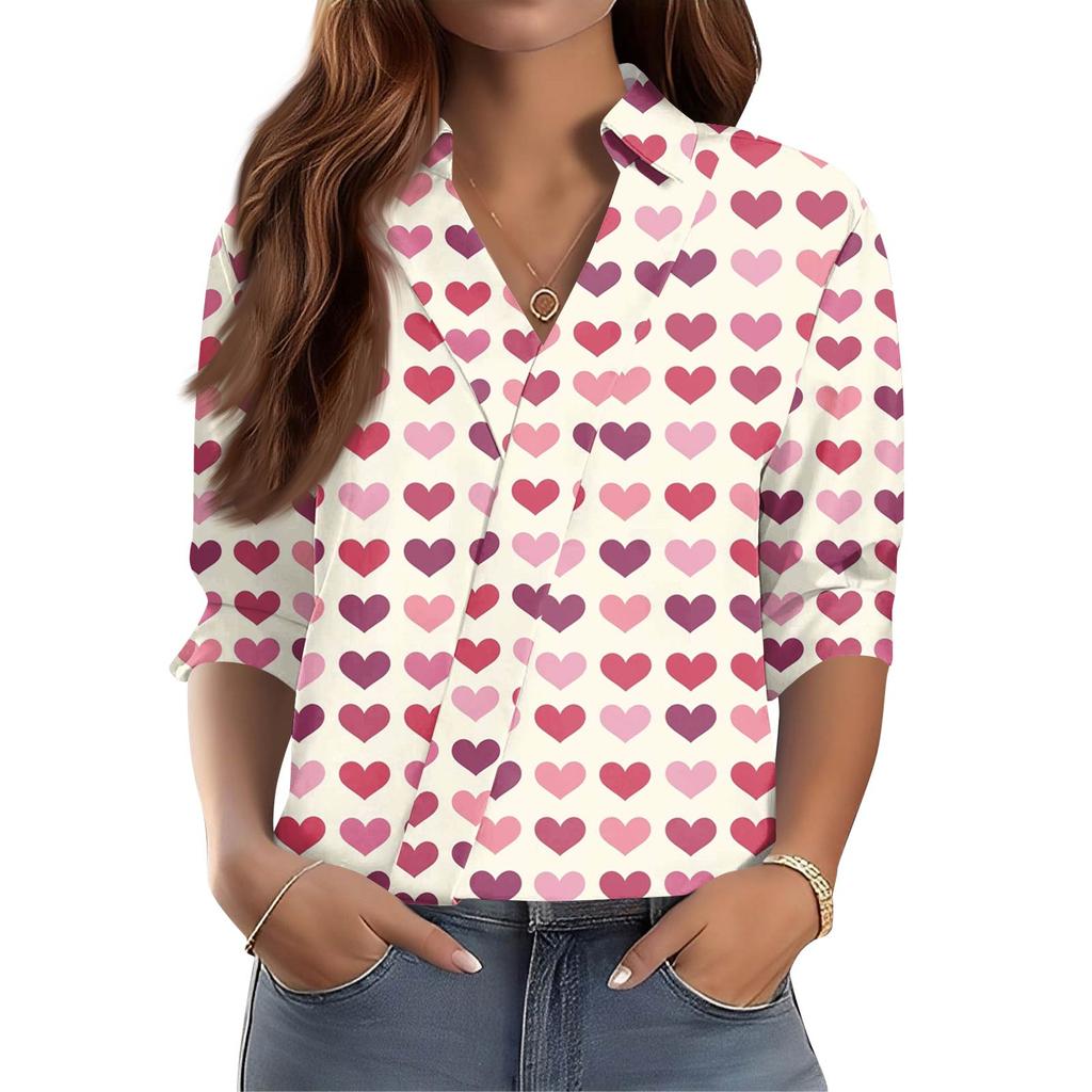 Women's 3/4-Sleeve V-Neck Shirt Printed Workwear Casual Regular Shirt Collar Top