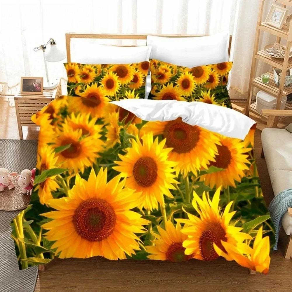 Orange Sunflower Printed Bedding Set For Lover Couples Gift Flower Pattern Duvet Cover Quilt Home Use Bedlines Double Bed Quilt