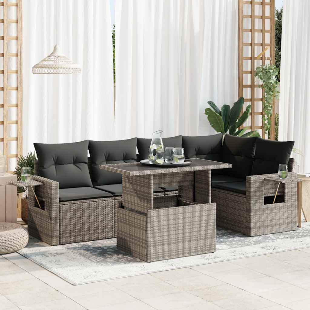 Vidaxl 6-Cz. Garden Furniture Set With Cushions, Grey, Poly Rattan