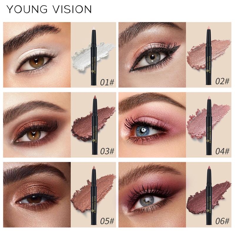 YOUNG VISION 6pcs Pearlescent Color Rotating Eyeshadow Stick Waterproof Cultivation Silkworm Eye Makeup Color Pencil