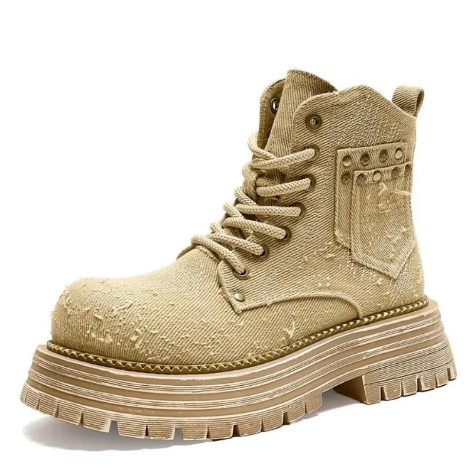 Fashion High quality Women's Ankle Boots Denim 2024 New Autumn Platform Booties Women Lace-up British Retro Cargo Boots Women winter