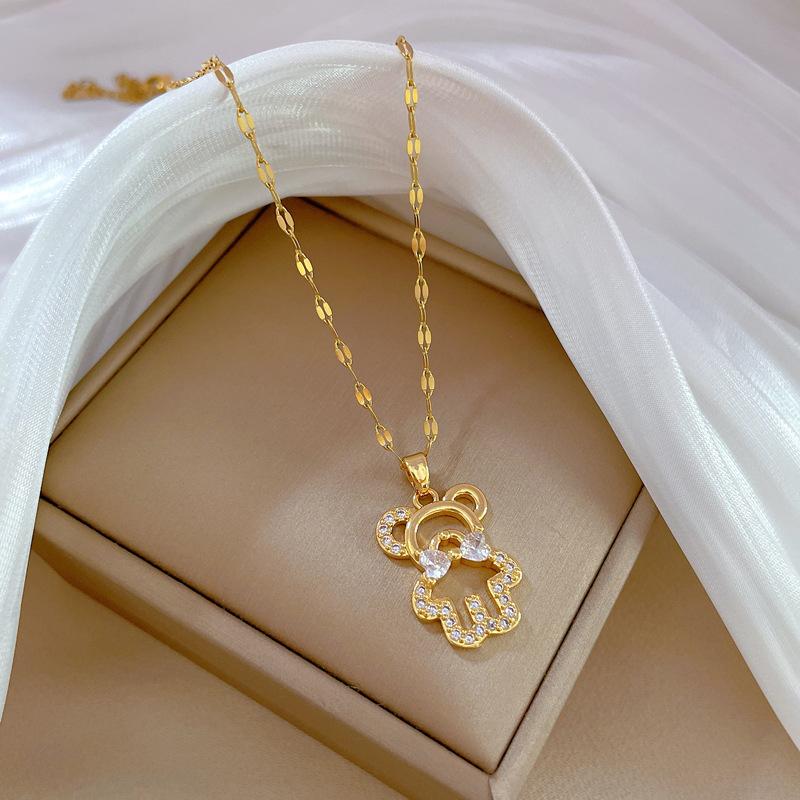 Light Luxury Temperament Gorgeous Full Diamond Bow Tie Bear Necklace Women'S Versatile Collarbone Chain Titanium Steel Chain