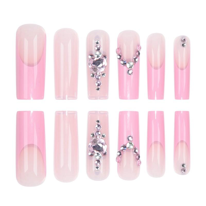 Sweet Heart Design Press-On Nails With Rhinestones French Tip Fake Women Daily Wear