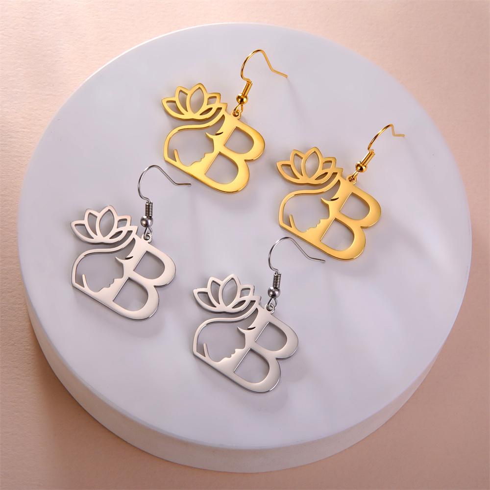 My Shape Beauty Flower Letter Drop Earrings for Women A-Z Alphabet Initials Lotus Stainless Steel Fashion Jewelry Kids Female