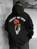 "Trust No One" Arched Lettering Skull and Rose Print Drop-shoulder Men's Hoodie Retro Dark Aesthetic Everyday Sweatshirt.
