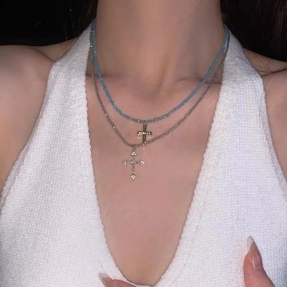 Exquisite Temperament Sliver Color Stainless Steel Cross Pendant Blue Crystal Beads Fine Chain Necklace for Women Charm Jewelry