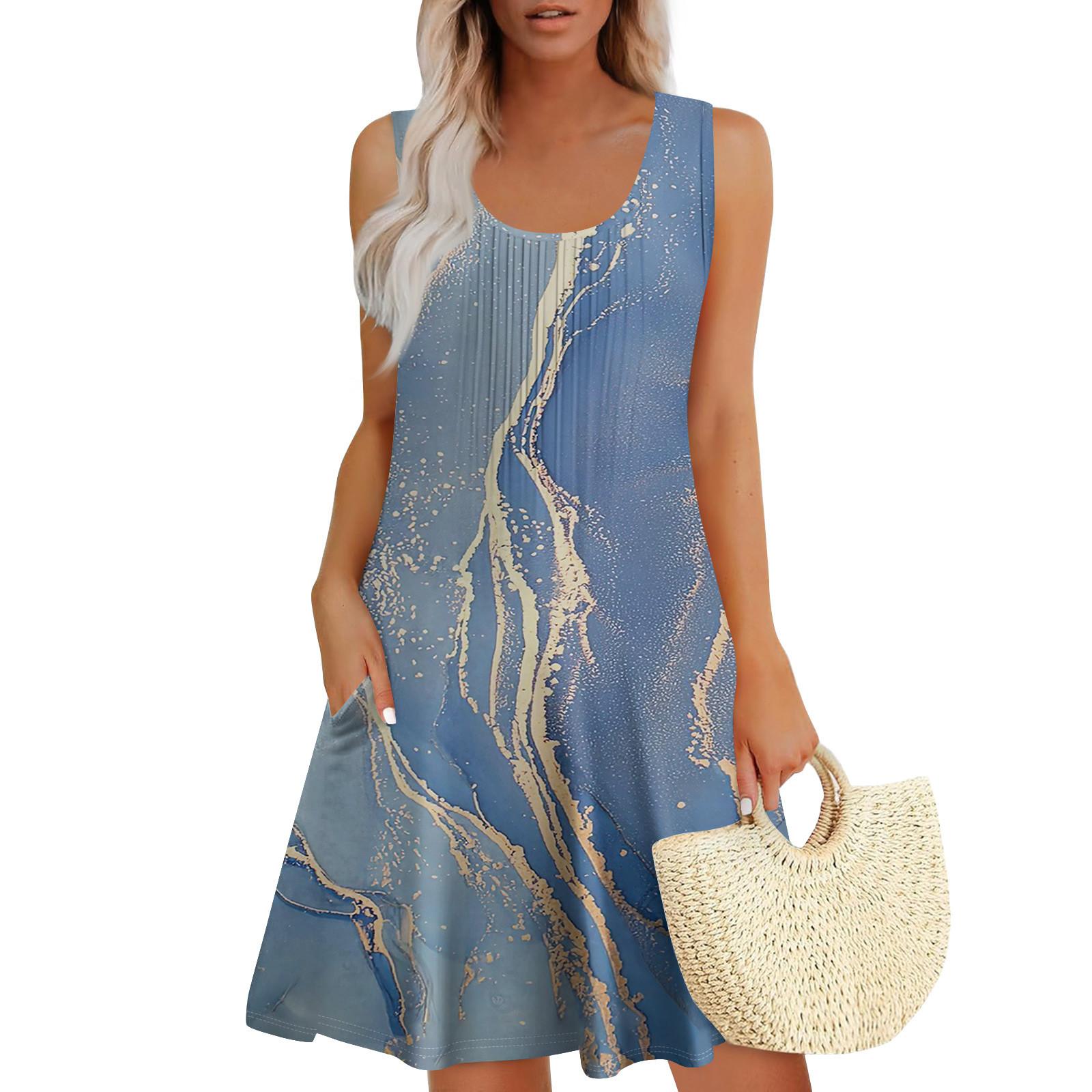 

Женские летние платья Свободные сарафаны без рукавов Платье с карманами XL синий