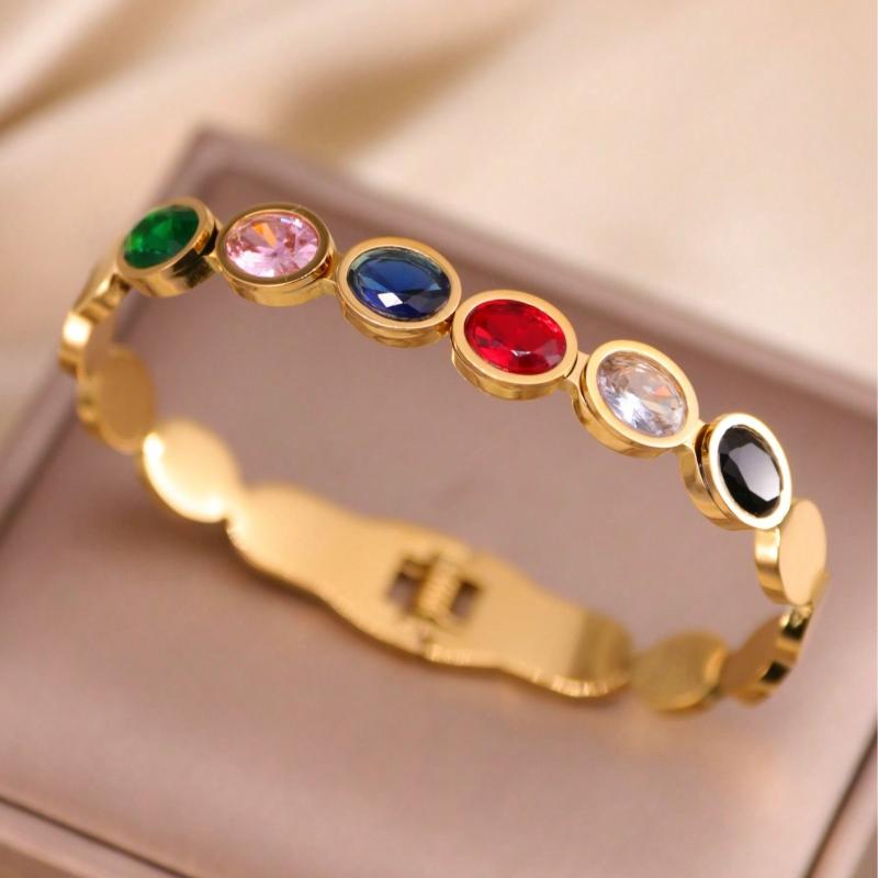 1pc Fashionable Casual Colored Gemstone Stainless Steel Bracelet for Women, Romantic Holiday/Anniversary Gift, Suitable for Daily Wear