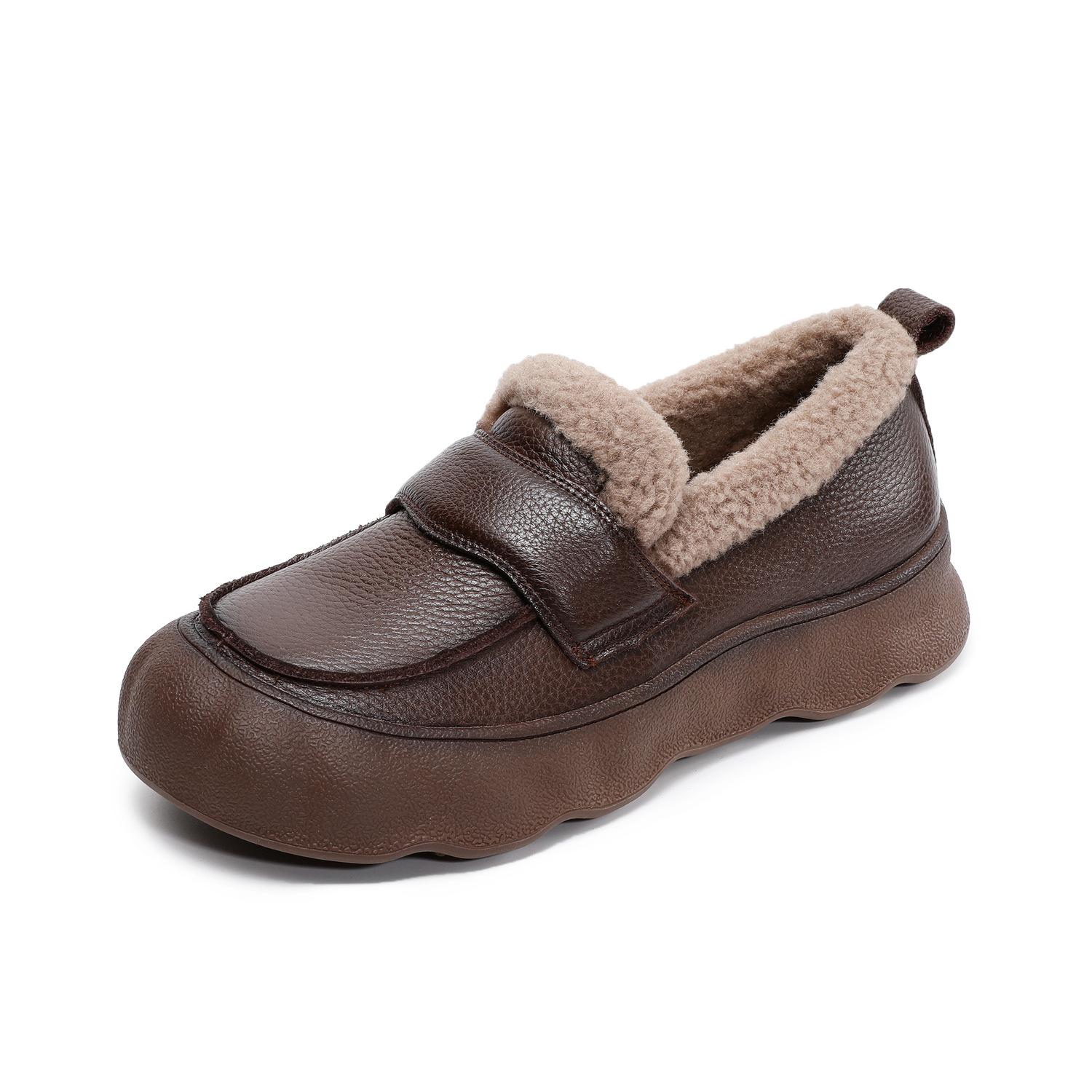 

Johnature Genuine Leather Flat Slip-on Cotton Shoes Casual Soft Sole With Plush Warm Women s Loafers 41 коричневый