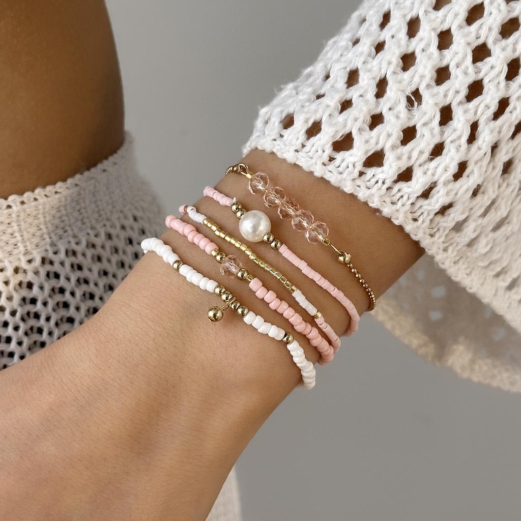 5Pcs/Set Bohemia Rice Beads Stacked Bracelets for Women Girl Handmade Imitation Pearl Crystal Bead Elastic Bracelet Jewelry Gift