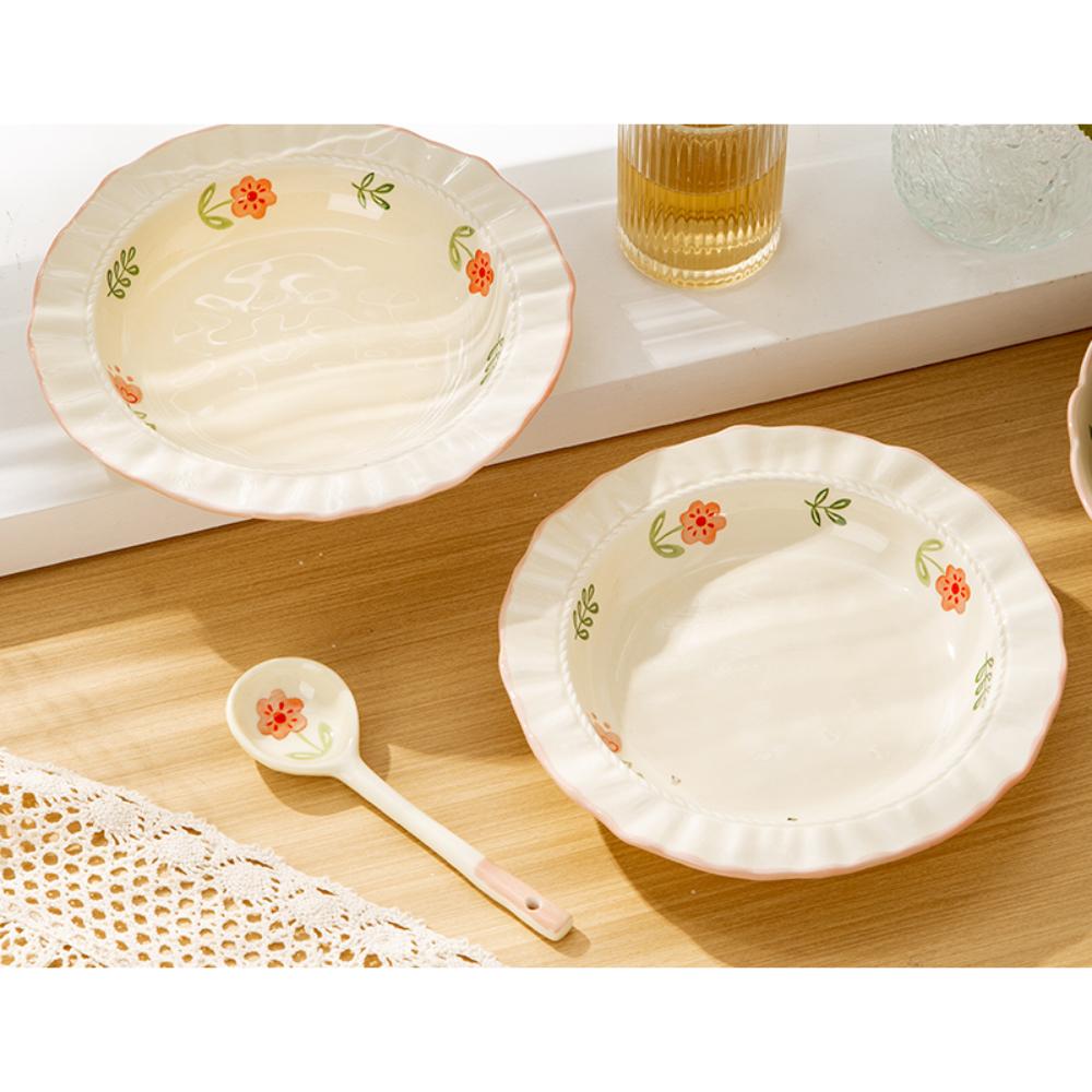 Plato de Cerámica Creativo Estilo Coreano Lindo Floral Hecho a Mano Porcelana Vajilla Pasta Verdura Fruta Ensalada Postre Platos Hondos