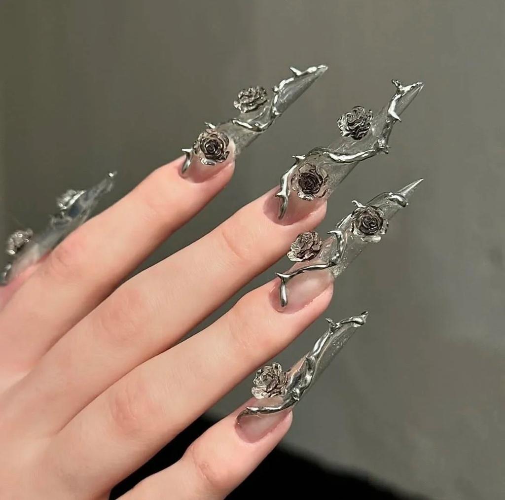 Handmade Press on Nails Long Stiletto Fake Nails with 3D Rose Design Press ons Acrylic False Nail Full Cover Glue on Nail Stick on Nail for Women