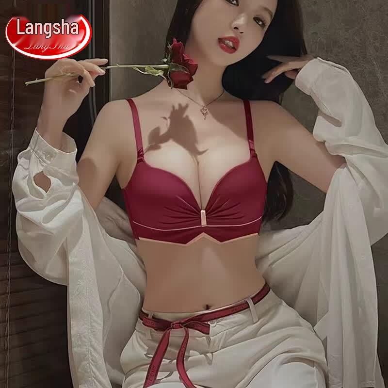 Langsaha Women's Red Wireless Push-Up Bra Set