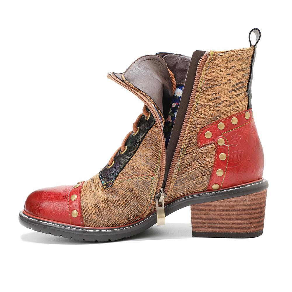Johnature Echtes Leder Schuhe Damen Stiefel Runde Zehen Retro Handgemacht Reißverschluss Freizeit Nähen Prägnante Knöchel Plateaustiefel