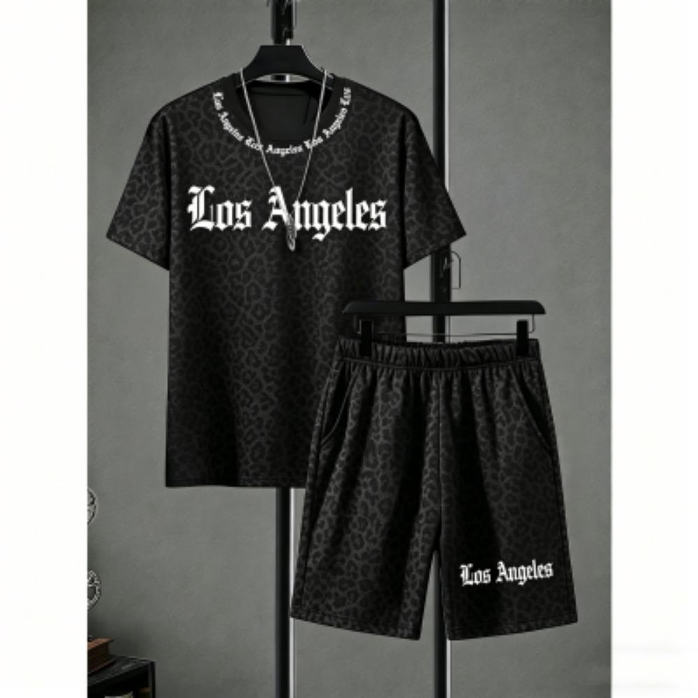 Men's Set Letter Printed Men's T-shirt and Shorts 2 Piece Set Summer Casual Outdoor Men's and Women's Outfit Clothing