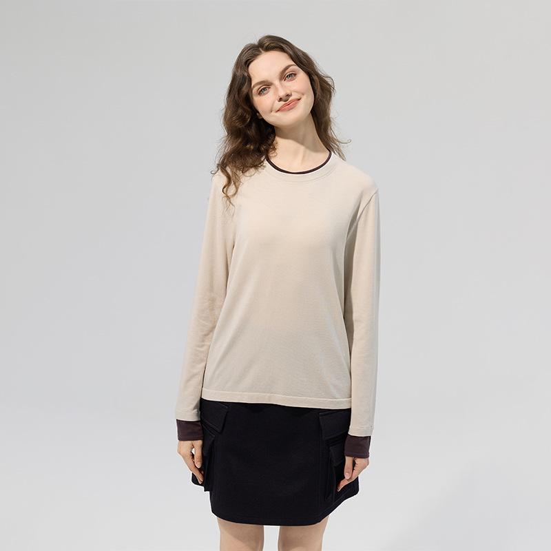 Merino Wool Seamless Color Block Two-Piece Sports Long Sleeve T-Shirt
