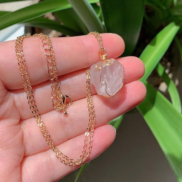 Natural Stone Pendant Necklace Small Rock Quartz Pendulum Amethysts Citrines Fluorite Pink Crystal Necklace For Women Healing