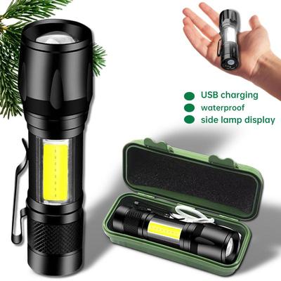 Mini lanterna LED recarregável USB, lanterna com zoom de alta potência, luz forte, à prova d'água, mini lanterna cob