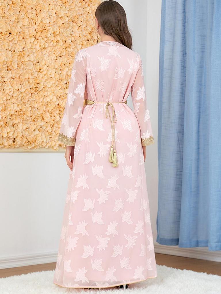 Women's V-neck Long Sleeve Middle Eastern Abaya Two-Piece Set Dress