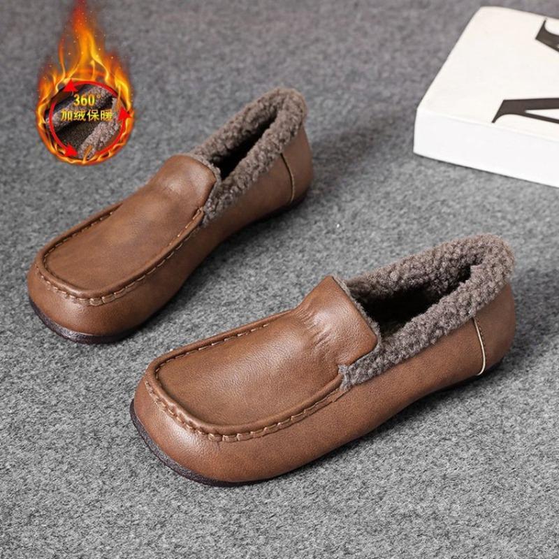 Doudou shoes women's winter velvet warm snow boots fluffy soles retro one-pedal round head flat cotton shoes