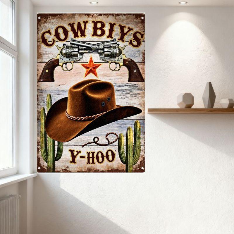 Vintage Cowboy Metal Tin Sign with Revolvers, Hat, Cacti - Western Themed Wall Decor for Man Cave Bar Cafe Home Decoration