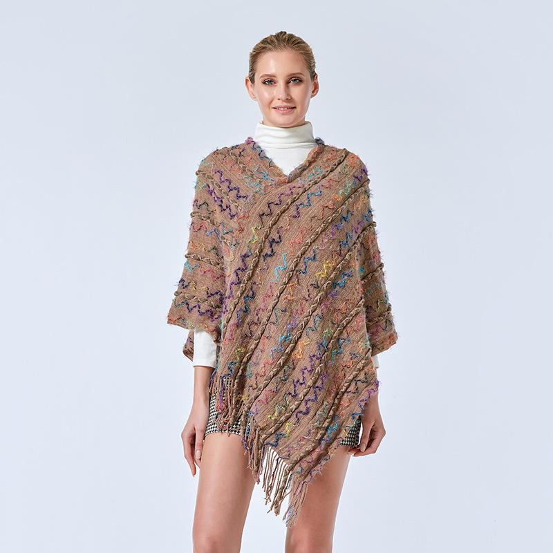 2022 Autumn/Winter Women's V-Neck Rainbow Tassel Cape Sweater