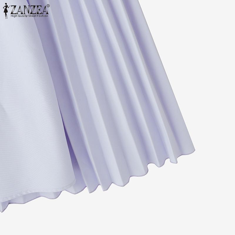 ZANZEA Elegant Women Short Sleeve Side Button Waist Pleated Casual Midi Office Dress